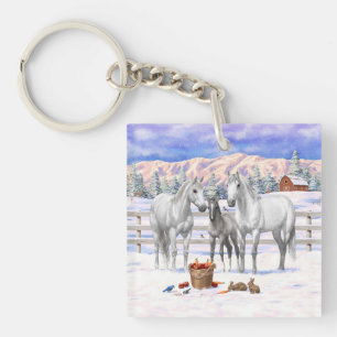 White Dapple Grey Quarter Horses On A Farm In Snow Key Ring