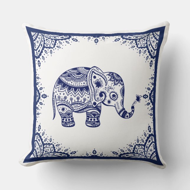 White & Dark Blue Floral Paisley & Elephant Cushion (Front)