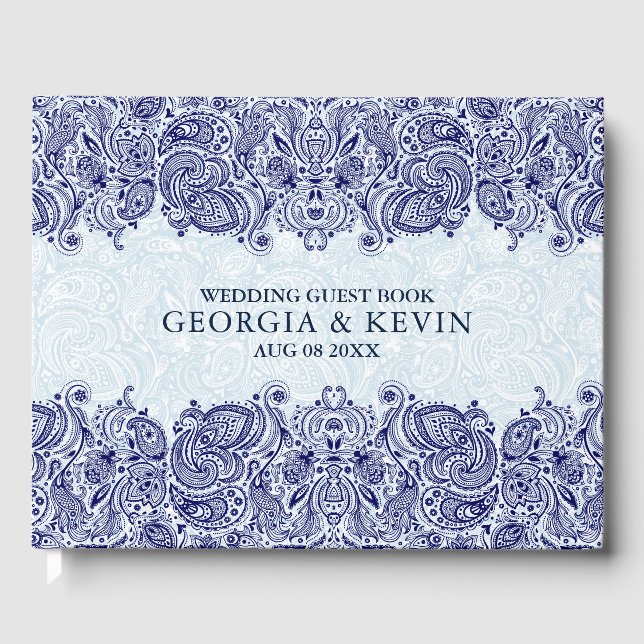 White & Dark-Blue Floral Paisley Lace Guest Book (Front)