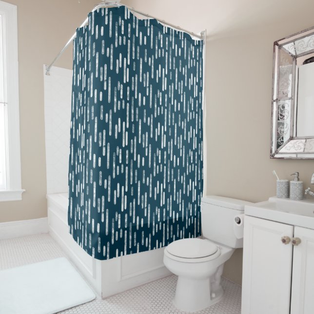 White/Dark Blue Green Inky Rounded Lines Pattern Shower Curtain (In Situ)