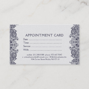 White & Dark Blue Paisley Lace Appointment Card