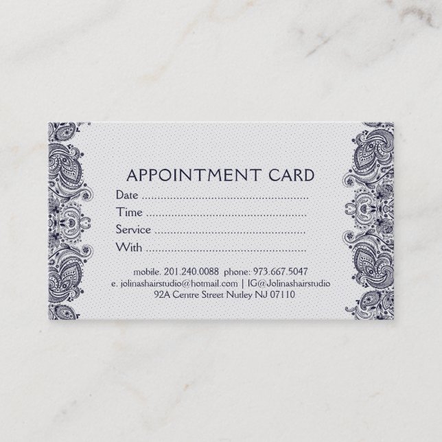 White & Dark Blue Paisley Lace Appointment Card (Front)