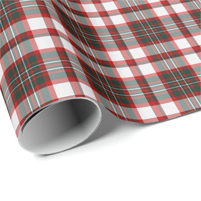 White, Dark Green, and Red Christmas Plaid Pattern Wrapping Paper (Roll Corner)