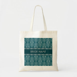 White & Dark Green Damask Pattern-Custom Monogram Tote Bag