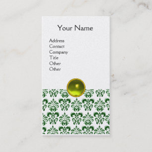 WHITE DARK GREEN DAMASK ,YELLOW GEMSTONE MONOGRAM BUSINESS CARD