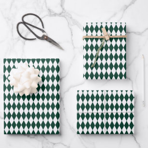 White & Dark Green Harlequin Diamonds Wrapping Paper Sheet