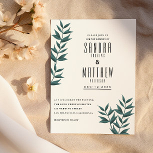 White dark green watercolor leaves floral Wedding Invitation