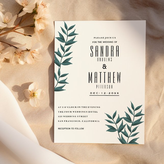 White dark green watercolor leaves floral Wedding Invitation (White dark green watercolor leaves floral Wedding )