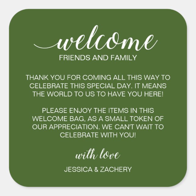 White Dark Green Wedding Welcome Gift Bag Basket Square Sticker (Front)