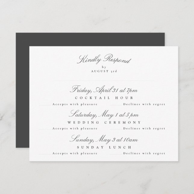 White Dark Grey Elegant Calligraphy multi-event RSVP Card (Front/Back)