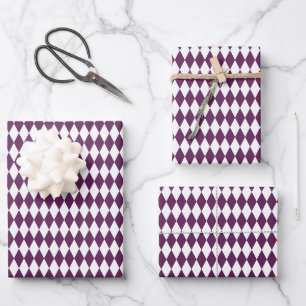 White & Dark Purple Harlequin Diamonds Wrapping Paper Sheet
