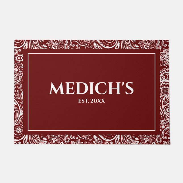 White & Dark-Red Vintage Paisley Pattern Doormat (Front)