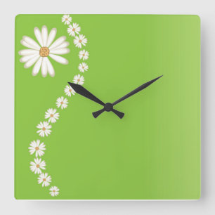 White Dasies on Green Wall Clock