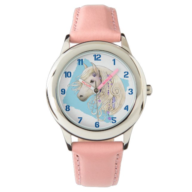 White Decorated Pony on Blue Kids Watch (Front)