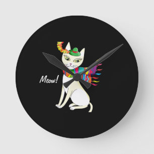 white decorative cat in a hat and scarf on black round clock