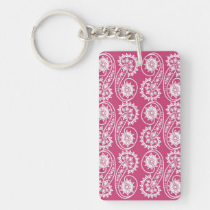 White Decorative Paisley Pattern On Pink Key Ring