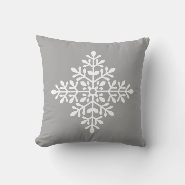White Decorative Snowflake Silhouette On Grey Cushion (Front)