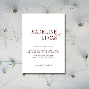 White & Deep Burgundy Minimalist Clean Wedding Invitation