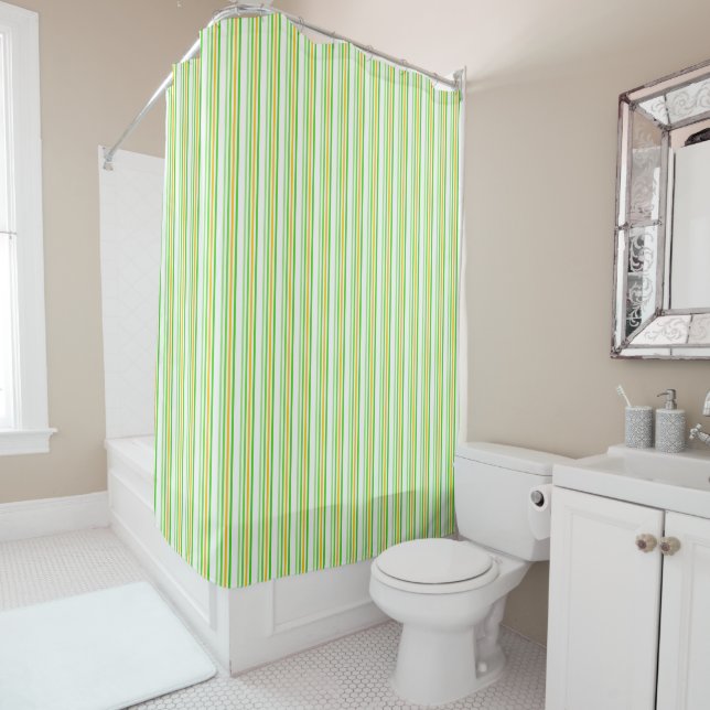 White Deep Green And Yellow Stripes Shower Curtain (In Situ)
