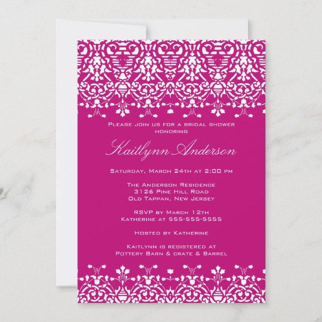 White & Deep Pink Damask Bridal Shower Invitation (Front)