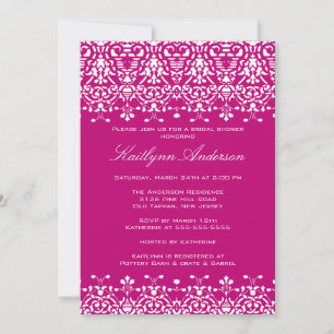 White & Deep Pink Damask Bridal Shower Invitation