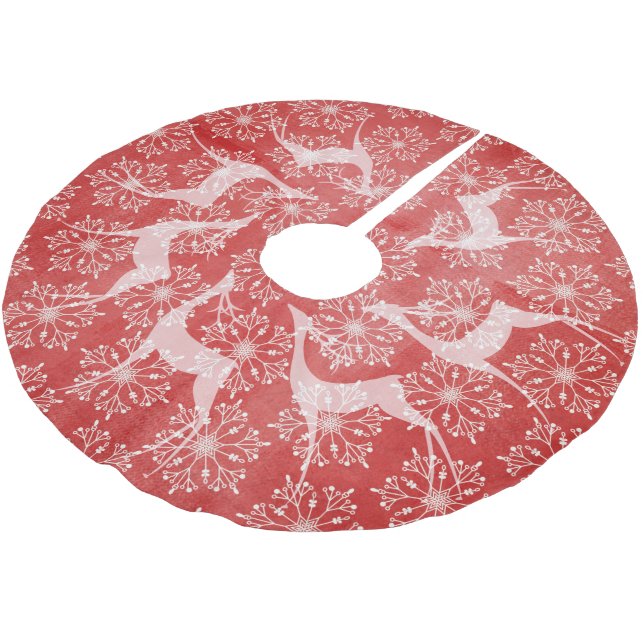 White Deer and Snowflakes Red Holiday Tree Skirt (Angled)