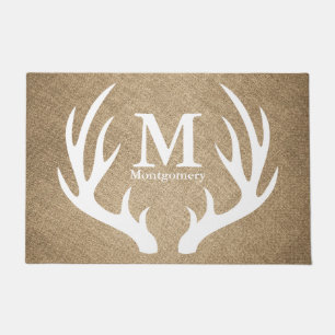 White Deer Antlers and Monogram Farmhouse Doormat
