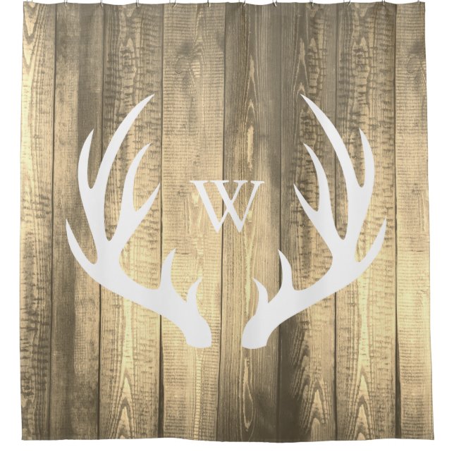 White Deer Antlers Antique Sepia Barn Wood Shower Curtain (Front)
