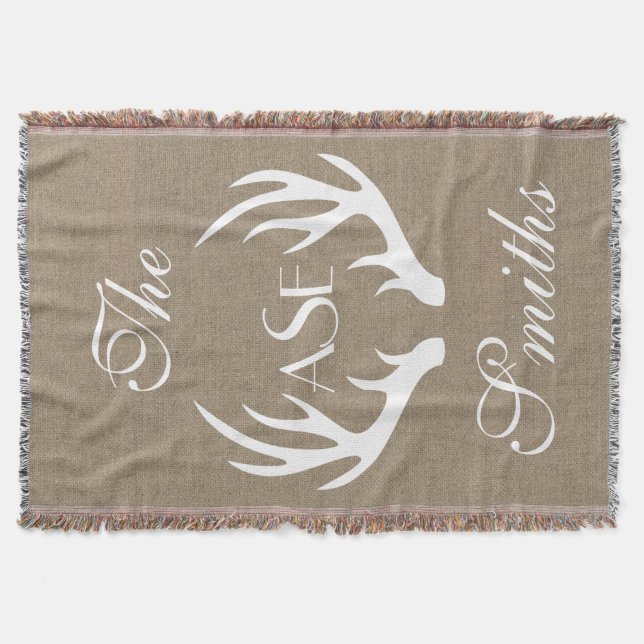 White Deer Antlers Custom Monogram Throw Blanket (Front)