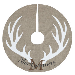 White Deer Antlers FAUX Burlap Family Name Brushed Polyester Tree Skirt