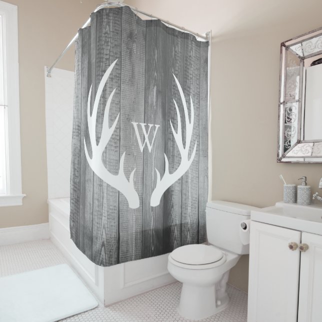 White Deer Antlers Grey Barn Wood Monogram Shower Curtain (In Situ)