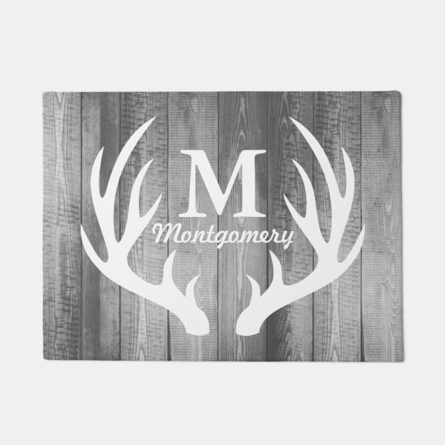 White Deer Antlers Grey Barn Wood Planks Monogram Doormat (Front)