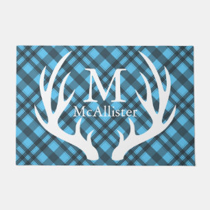 White Deer Antlers Grey Tartan Plaid Personalised Doormat