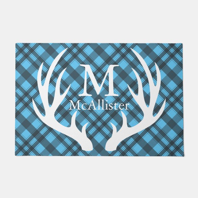 White Deer Antlers Grey Tartan Plaid Personalised Doormat (Front)