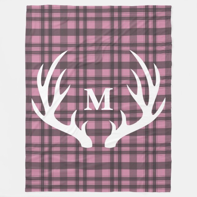 White Deer Antlers Grey Tartan Plaid Personalised Fleece Blanket (Front)