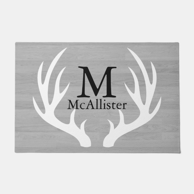 White Deer Antlers Grey Wood Personalised Doormat (Front)