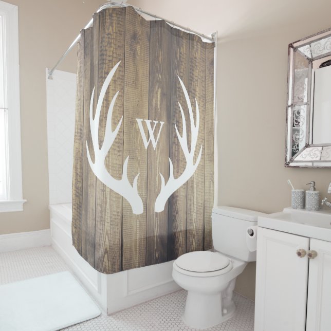 White Deer Antlers Light Barn Wood Monogrammed Shower Curtain (In Situ)