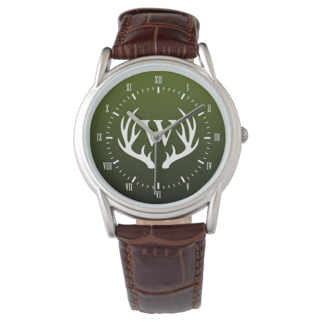 White Deer Antlers Monogram Green Men's Watch (Front)
