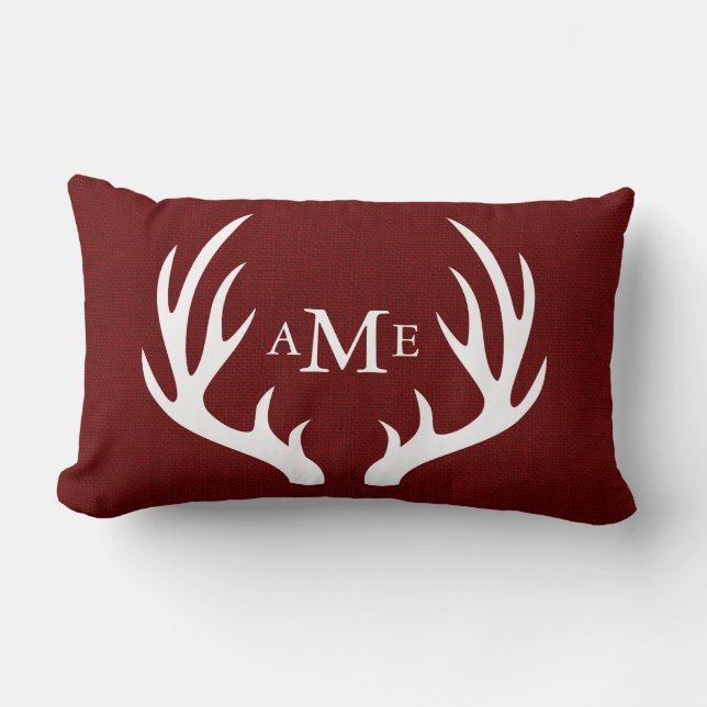 White Deer Antlers Monogram Rustic Red Burlap Lumbar Cushion (Front)