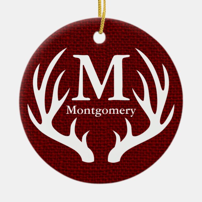 White Deer Antlers Red Faux Burlap Family Name Ceramic Tree Decoration (Front)