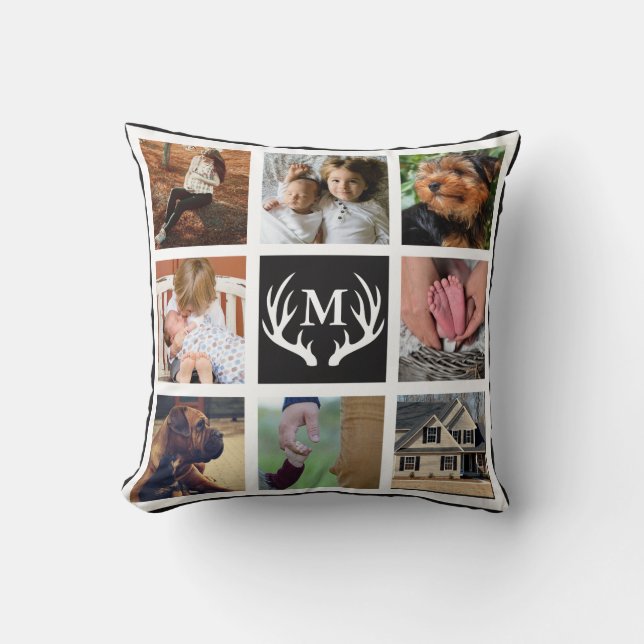 White Deer Antlers Rustic 8 Family Square Photos Cushion (Front)