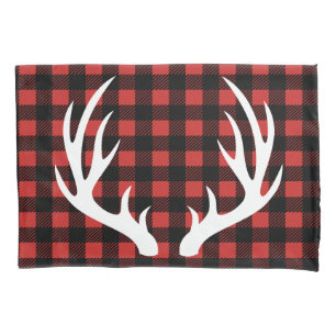 White Deer Antlers Rustic Buffalo Check Plaid Pillowcase