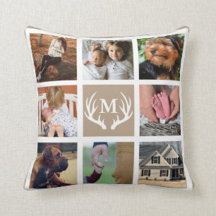 White Deer Antlers Rustic Family Square Photos Cushion