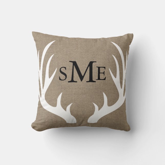 White Deer Antlers Rustic Monogram Pillow (Front)