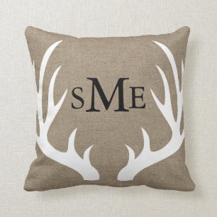 White Deer Antlers Rustic Monogram Pillow
