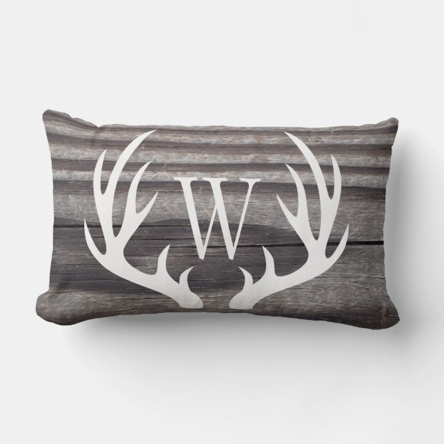 White Deer Antlers Weathered Wood Monogram Lumbar Cushion (Front)