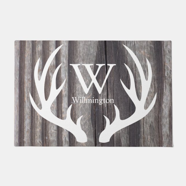 White Deer Antlers Weathered Wood - Personalised Doormat (Front)