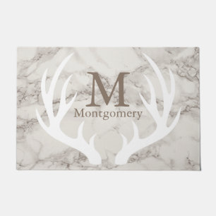 White Deer Antlers & White Marble Family Name Doormat