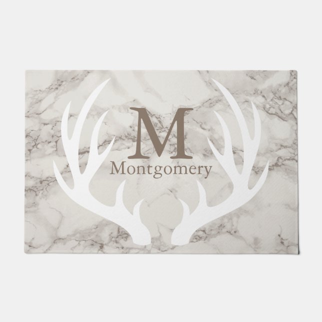 White Deer Antlers & White Marble Family Name Doormat (Front)