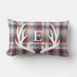 White Deer Antlers Winter Berry Plaid Personalised Lumbar Cushion